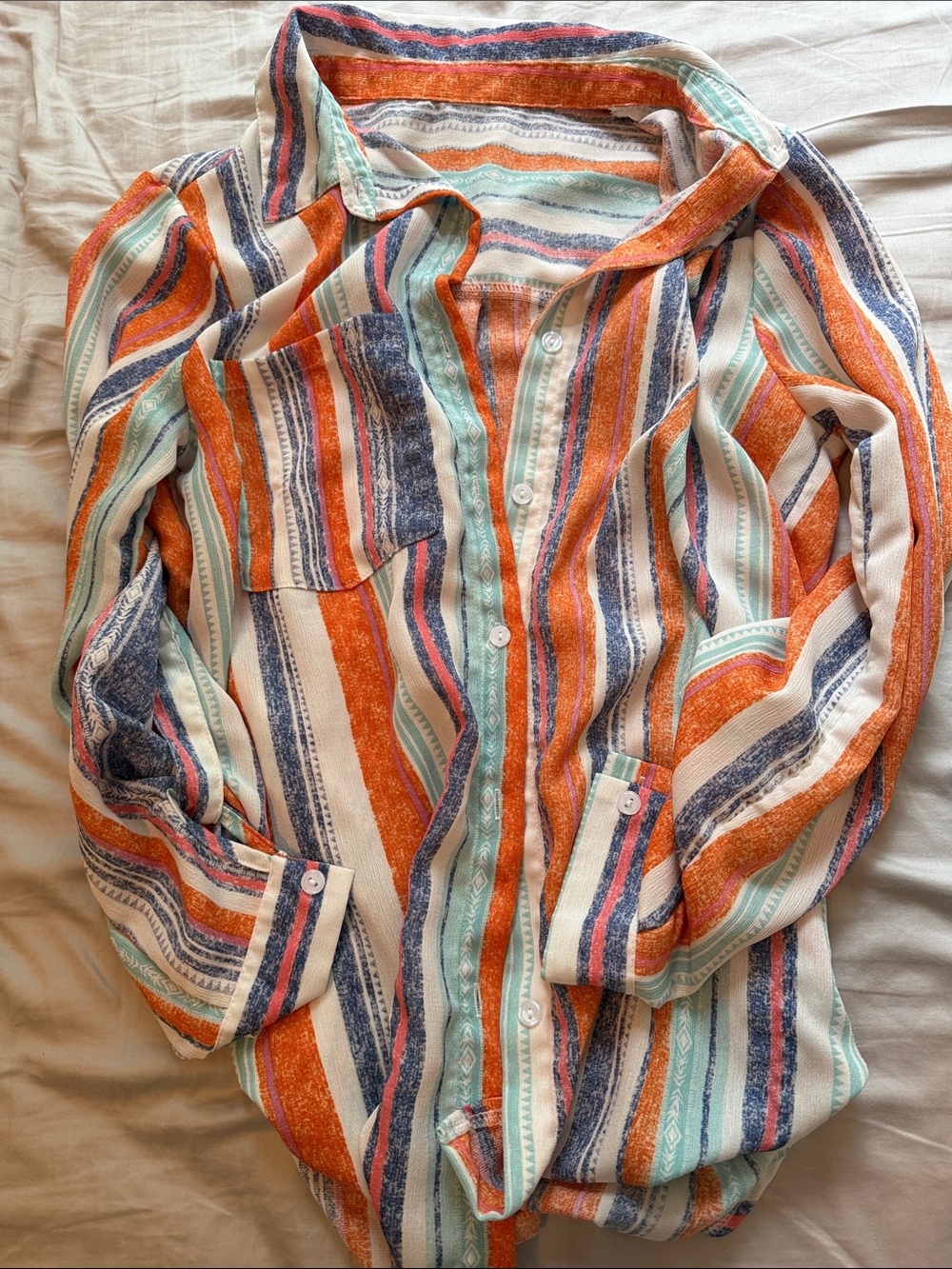 Striped Button-Up Shirt - Orange, Teal & Navy
